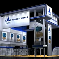 CASIC Exhibition Booth With Blue And White Design Company Logo And Displayed Equipment