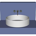 Modern Round White Washbasin on Blue Countertop with Black Faucet Knobs 3d model