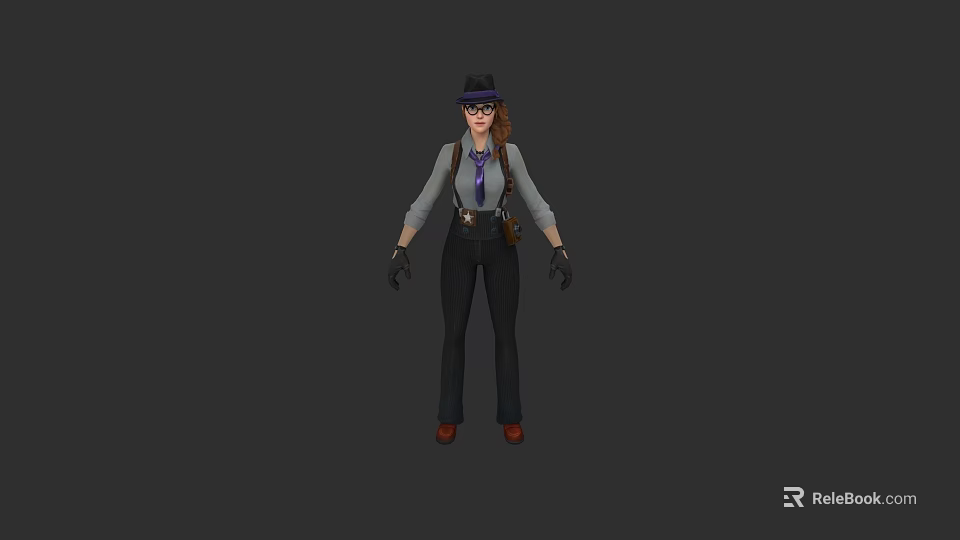 Vintage Detective Outfit with Shirt Vest Tie Pants Gloves Hat and Boots 3d model 