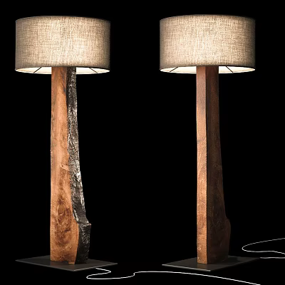 Two Modern Floor Lamps With Natural Wooden Bases And Fabric Shades 3d model