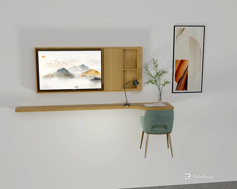 Modern Wooden TV Stand Design With Scenic TV Screen Lamp Wall Art And Chair 3d model 