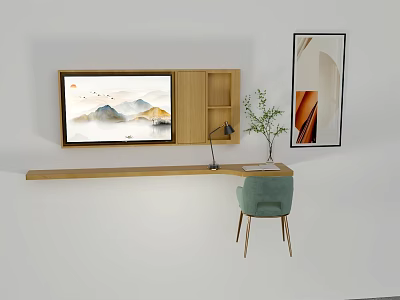 Modern Wooden TV Stand Design With Scenic TV Screen Lamp Wall Art And Chair 3d model