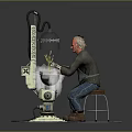 Elderly Man Tending to Potted Plants With Mechanical Device on Stool 3d model