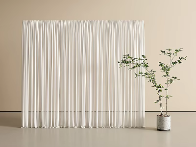 Elegant White Pleated Curtains in Light Beige Room with Potted Plant 3d model