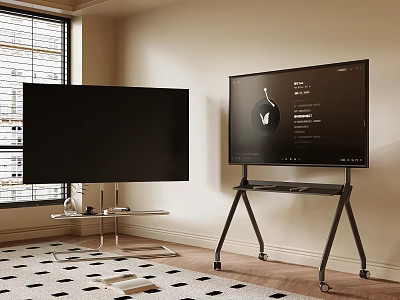 Two Black TVs on Silver and Wheeled Stands in Room by Window with Wooden Floor 3d model