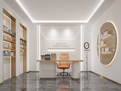 Public Office Area Featuring Modern Reception Desk Orange Chair Circular Display Shelves And Marble Floor 3d model
