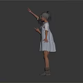 Two Young Girls in White Dresses and Gray Boots Pointing Up with Arms Outstretched on White Background