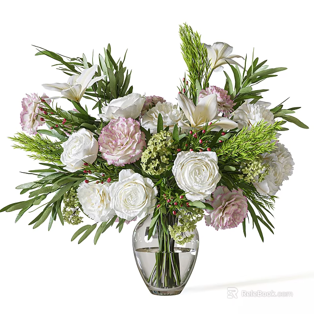 Elegant Floral Arrangement In Clear Glass Vase With White Roses Pink Blooms And Green Foliage 3d model 