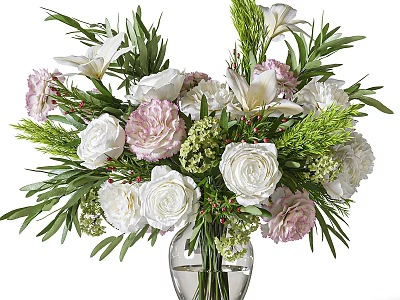 Elegant Floral Arrangement In Clear Glass Vase With White Roses Pink Blooms And Green Foliage 3d model
