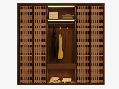 Modern Wooden Wardrobe with Wicker Doors Interior Storage Shelves and Hanging Space for Folded Clothes 3d model