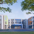 Modern School Building Design With Colorful Facade Large Glass Windows And Open Courtyard