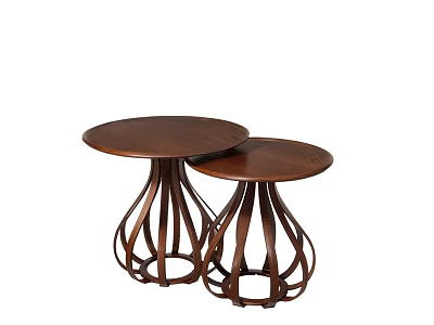 Two Piece Wooden Coffee Tables With Round Tops And Elegant Curved Base Design 3d model