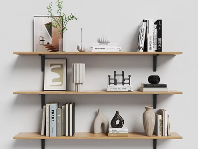 Wooden Storage Shelves with Books Decorative Vases Photo Frames and Sculptures in White Wall Interior 3d model