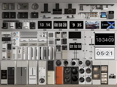 Diverse Display of Household Appliances Featuring Refrigerators Washing Machines TVs Microwaves Ovens and Clocks 3d model
