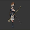 Magical Female Character With Twin Bun Hairstyle Holding Creature Themed Staff And Decorative Leather Boots