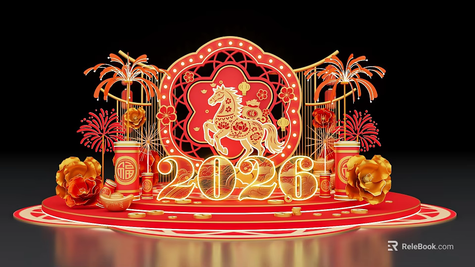 2026 Red Themed Photo Spot With Paper Cut Horse Fortune Character Fireworks And Golden Decorations 3d model 