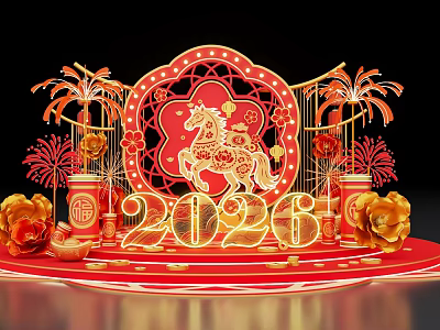 2026 Red Themed Photo Spot With Paper Cut Horse Fortune Character Fireworks And Golden Decorations 3d model