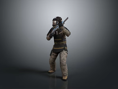 Game And Movie Character In Protective Suit With Helmet And Tactical Gun 3d model