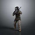 Game And Movie Character In Protective Suit With Helmet And Tactical Gun