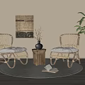 Rattan Lounge Chairs with Soft Cushions Round Rug Wooden Side Table Potted Plant and Wall Art