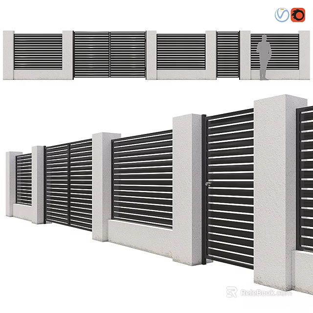 Fence Components Featuring White Pillars Black Slatted Panels And Gate 3d model