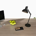 Desktop Computer Setup on Wooden Desk with Keyboard Mouse Lamp Notebook Green Apples and Plant