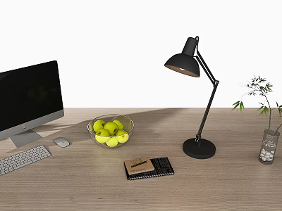 Desktop Computer Setup on Wooden Desk with Keyboard Mouse Lamp Notebook Green Apples and Plant 3d model