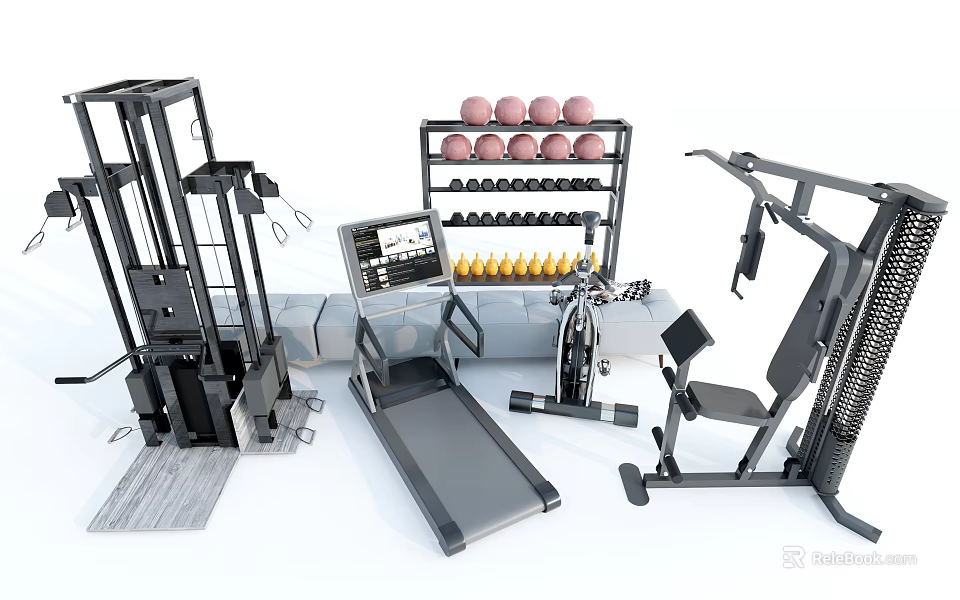 Modern Fitness Equipment Set Including Multi-functional Trainer Treadmill Dumbbell Rack And Chair 3d model 