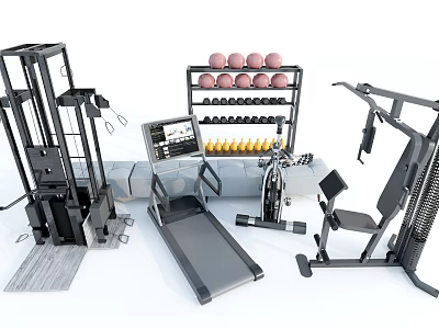 Modern Fitness Equipment Set Including Multi-functional Trainer Treadmill Dumbbell Rack And Chair 3d model