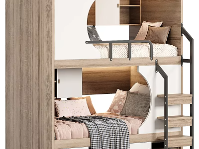 Modern Wooden Bunk Bed with Stairs Storage and Pink Grey Bedding 3d model