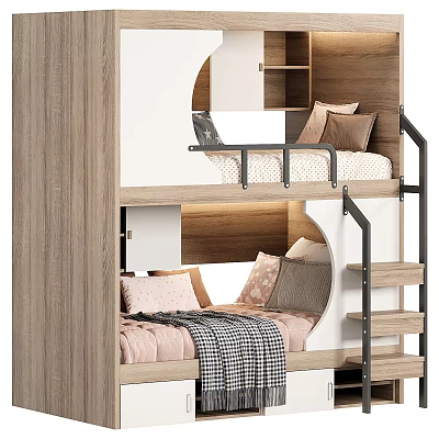 Modern Wooden Bunk Bed with Stairs Storage and Pink Grey Bedding 3d model