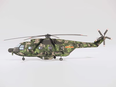 Camouflage Military Helicopter With Number 6 And Rotors On White Background 3d model