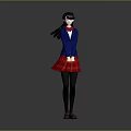 Anime Game Movie Character With Black Hair Blue Coat Red Bow Tie Red Pleated Skirt