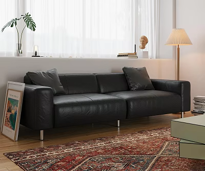 Black Leather Sofa With Pillows And Coffee Table Set Near Window Curtains And Patterned Rug 3d model