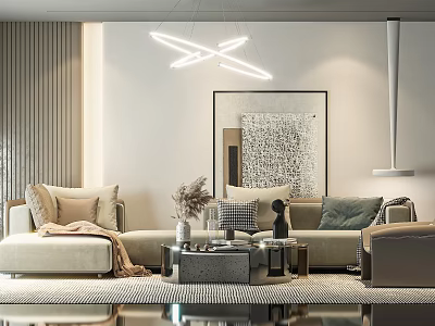 Contemporary Sofa And Coffee Table Set With Throw Pillows Artwork Pendant Light And Area Rug 3d model