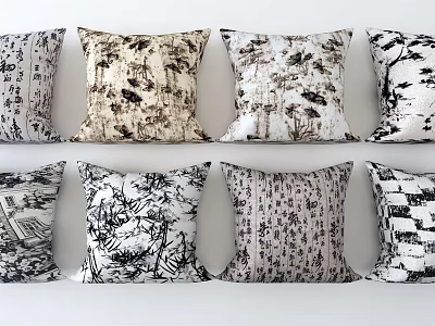 Stylish Throw Pillows with Diverse Printed Patterns in Neutral and Black Tones 3d model