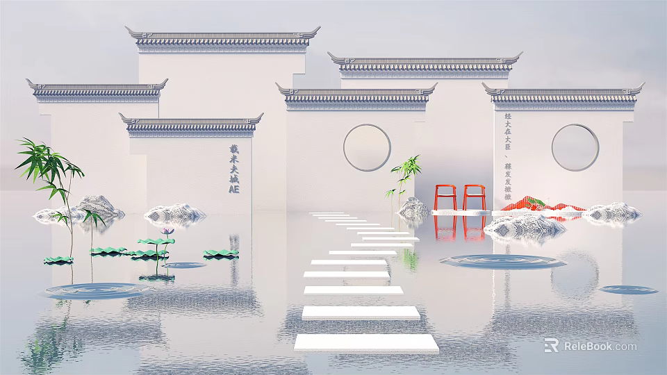Traditional Chinese Garden Wall With Tile Roof Circular Windows Water Pond and Stone Path 3d model 