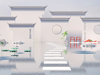 Traditional Chinese Garden Wall With Tile Roof Circular Windows Water Pond and Stone Path 3d model