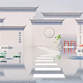 Traditional Chinese Garden Wall With Tile Roof Circular Windows Water Pond and Stone Path