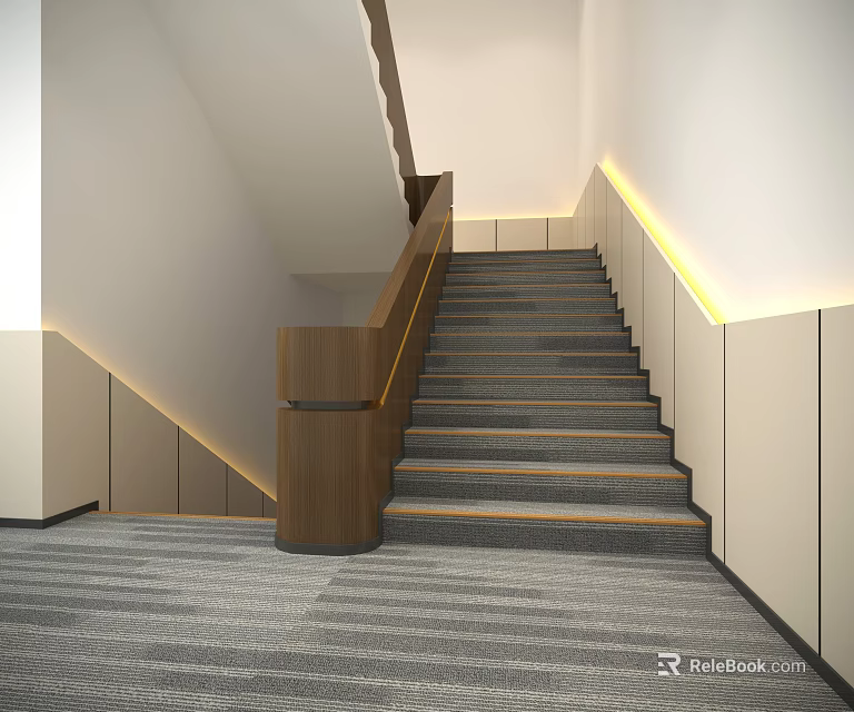 Modern Staircase Interior With Wooden Handrail Gray Steps And Wall Lighting Strips 3d model 