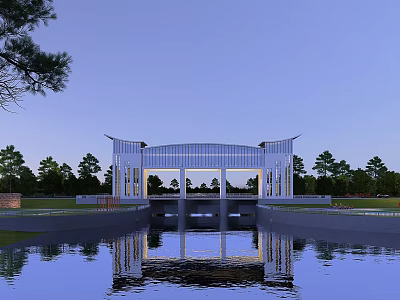 Scenic White Bridge Structure With Clear Water Reflection And Surrounding Trees At Twilight 3d model