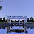 Scenic White Bridge Structure With Clear Water Reflection And Surrounding Trees At Twilight