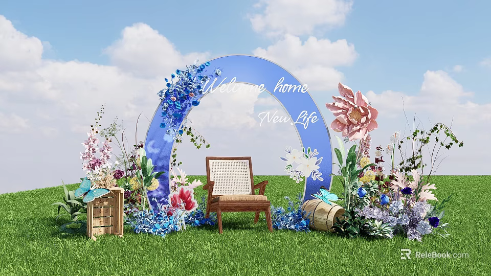 Outdoor Welcome Arch Decoration With Blue Floral Design Wooden Chair And Green Grass 3d model 