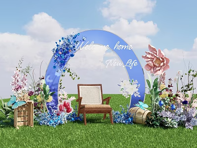 Outdoor Welcome Arch Decoration With Blue Floral Design Wooden Chair And Green Grass 3d model