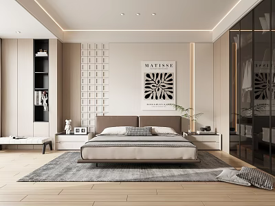 Modern Bedroom Interior With Double Bed Abstract Wall Art Geometric Accent Wall And Area Rug 3d model