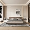 Modern Bedroom Interior With Double Bed Abstract Wall Art Geometric Accent Wall And Area Rug