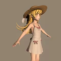 Cartoon Girl With Straw Hat Long Yellow Hair In Light Dress And Red Sandals