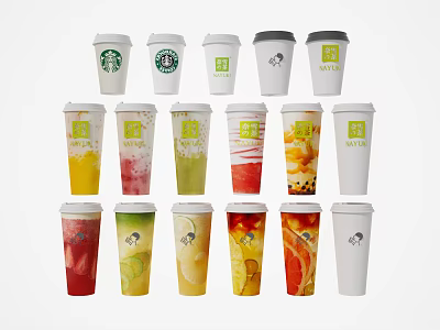Various Branded Paper Cups With Colorful Patterns And Beverage Logos Displayed 3d model