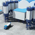 Industrial Factory with Multiple Blue and White Silos Blue Roof Building and Blue Truck