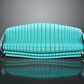 Turquoise Striped Sofa With Metal Armrests On Smooth Black Floor Showing Reflection